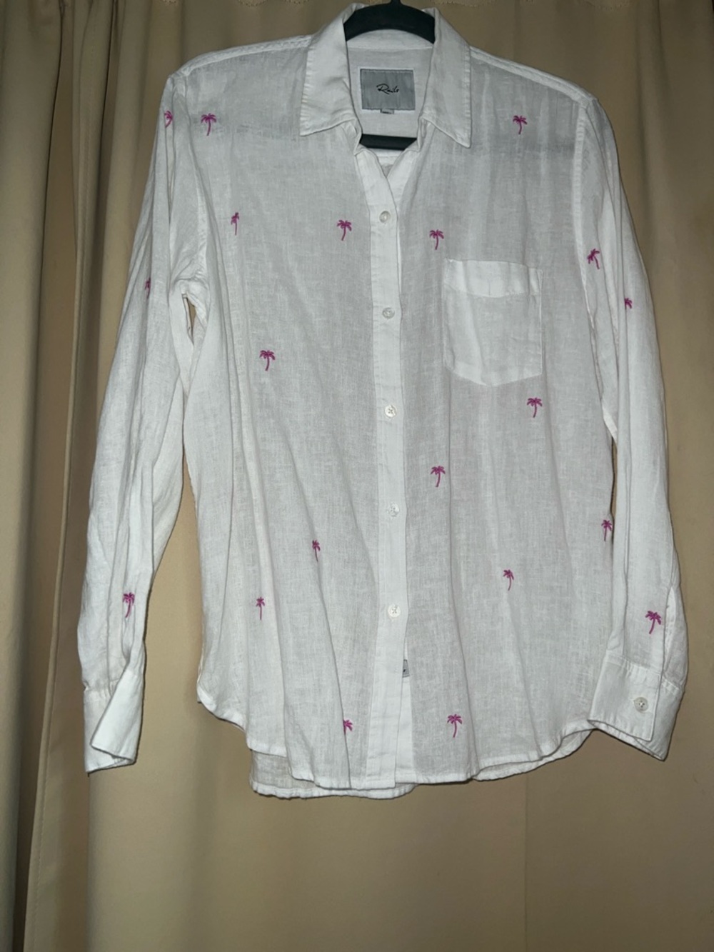 Rails White Linen Button-Up Shirt with Pink Palm Embroidery-never worn!
